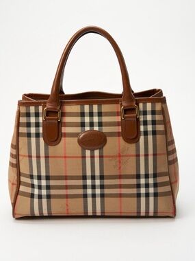 Burberry Tan Check Canvas Tote with Brown Leather Handles